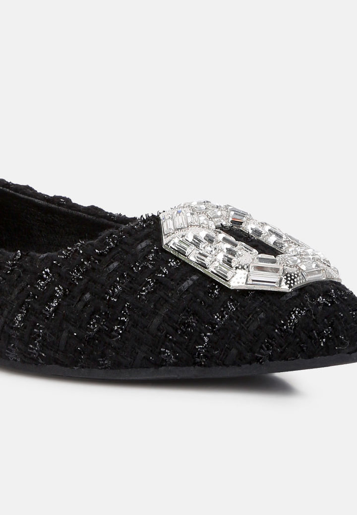 women aria embellished jewel buckle tweed ballet flats#color_black