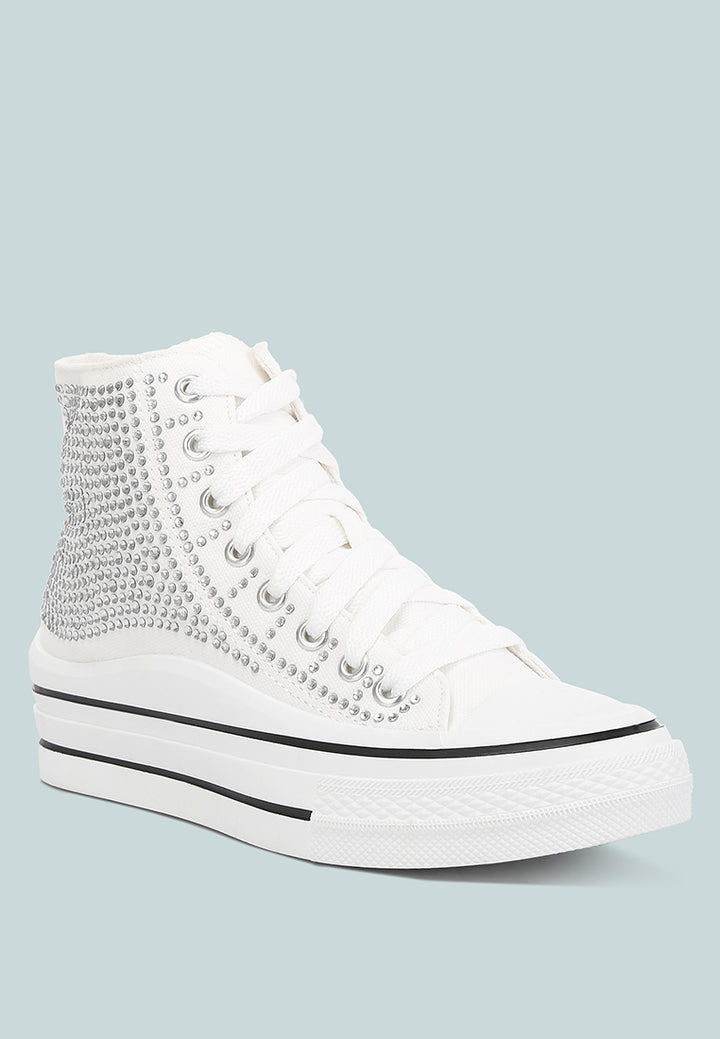 rhinestone embellished ankle-length sneakers#color_white