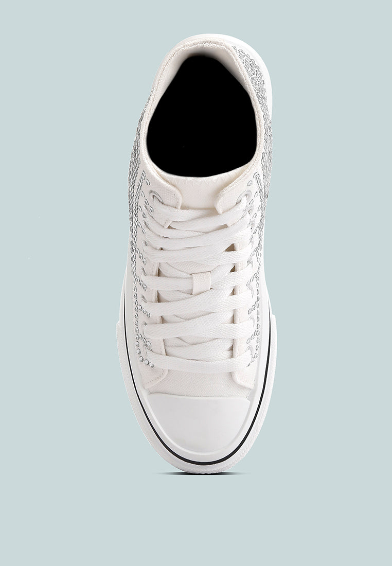 rhinestone embellished ankle-length sneakers#color_white