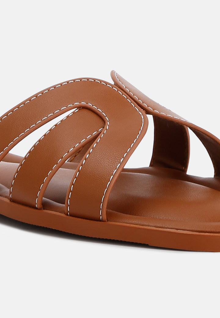 women faux leather flat sandals#color_tan