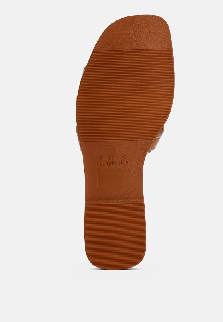 women faux leather flat sandals#color_tan