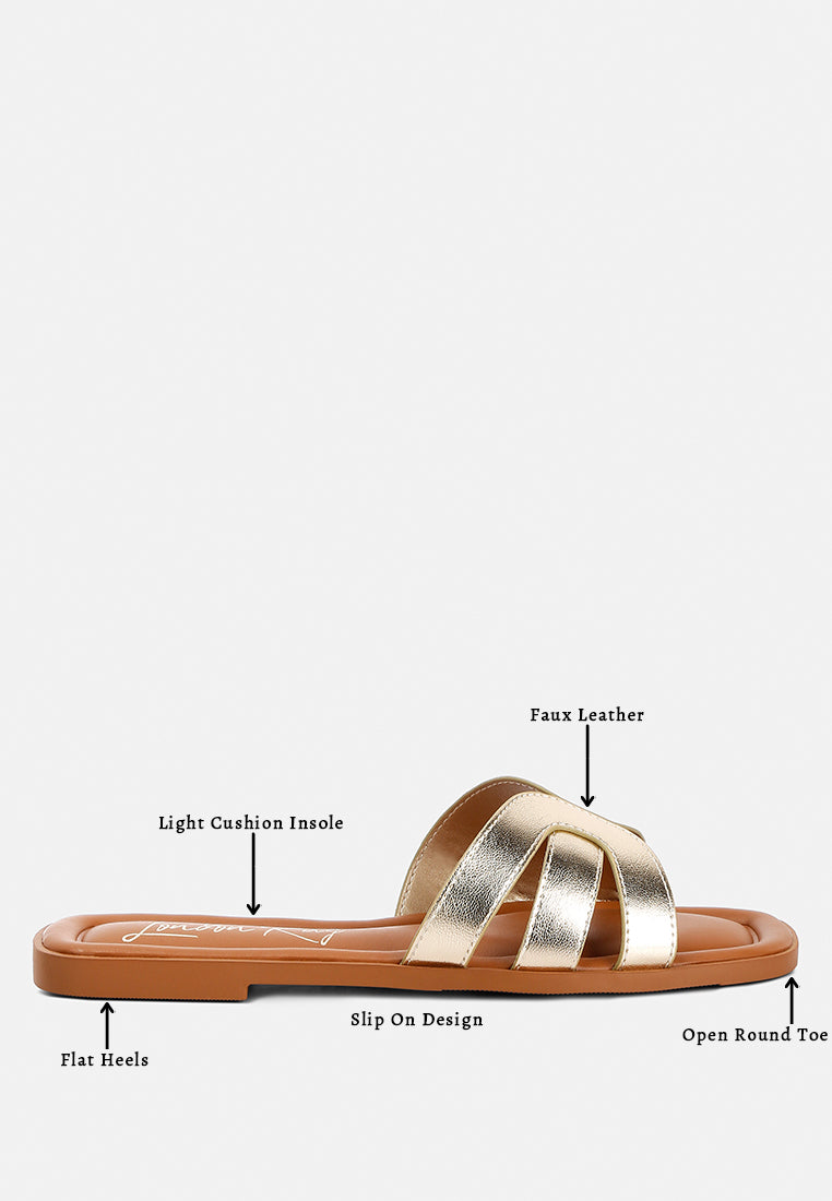 women faux leather flat sandals#color_gold