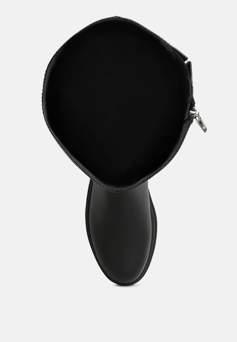 women round toe knee high platform boot#color_black