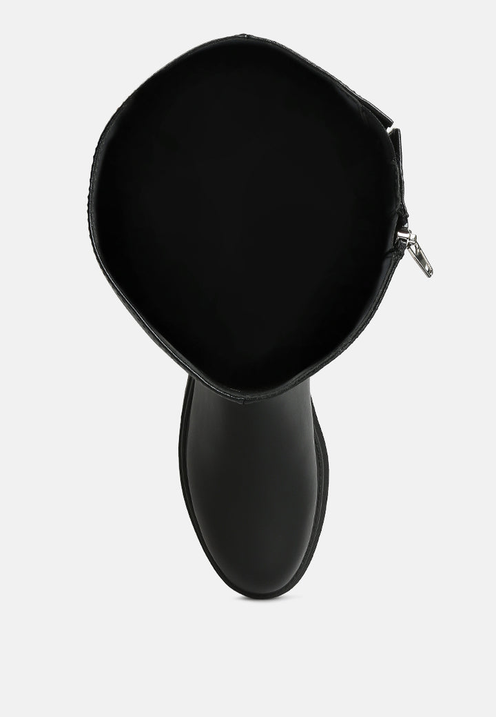 women round toe knee high platform boot#color_black