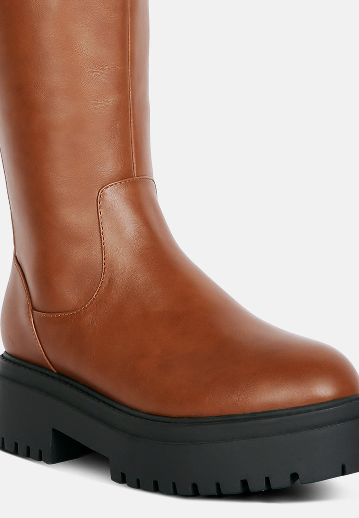 women round toe knee high platform boot#color_tan