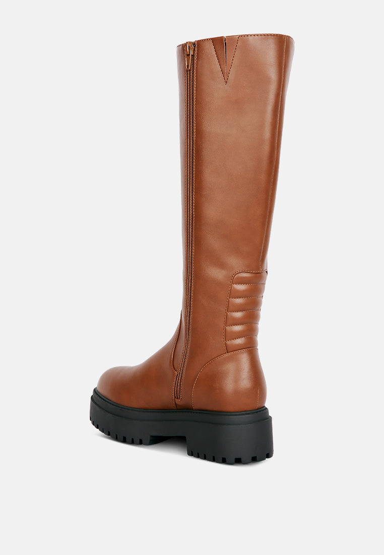 women round toe knee high platform boot#color_tan