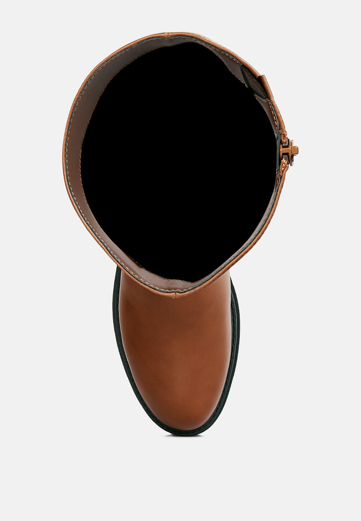 women round toe knee high platform boot#color_tan