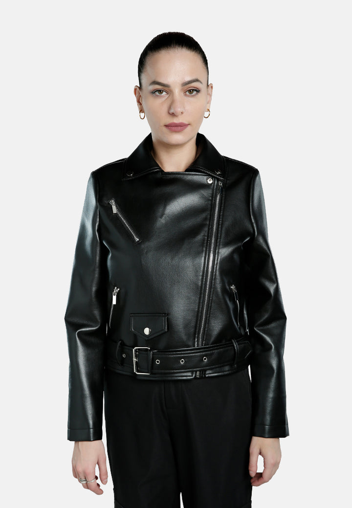 Women Belted PU Biker Jacket