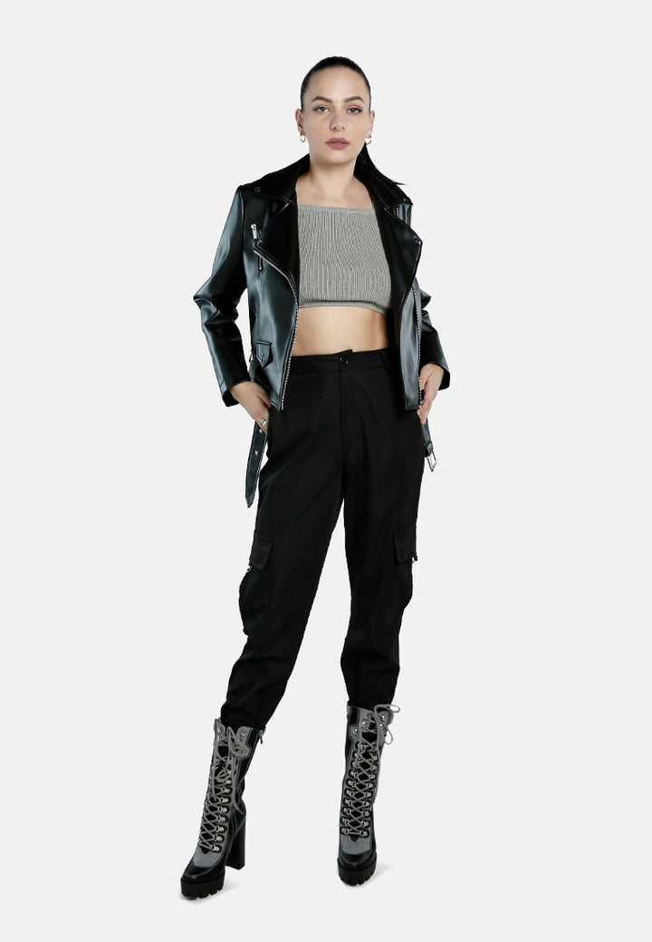 Women Belted PU Biker Jacket