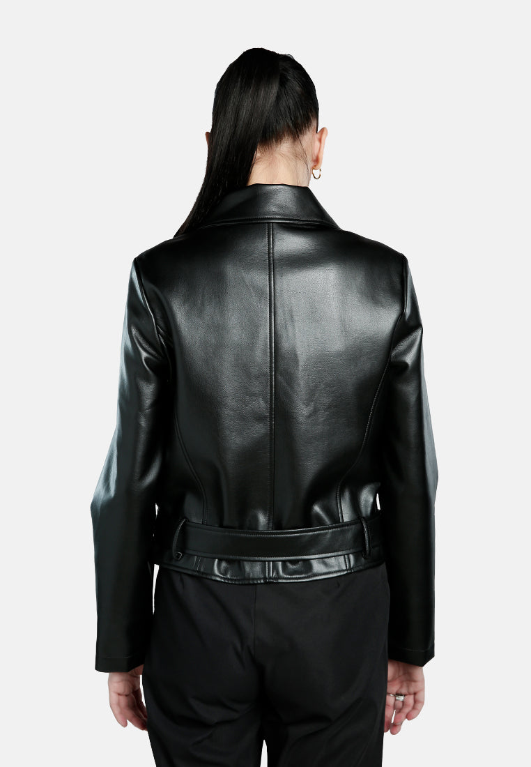 Women Belted PU Biker Jacket