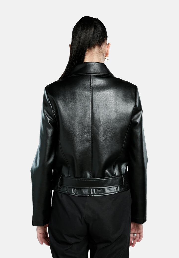 Women Belted PU Biker Jacket
