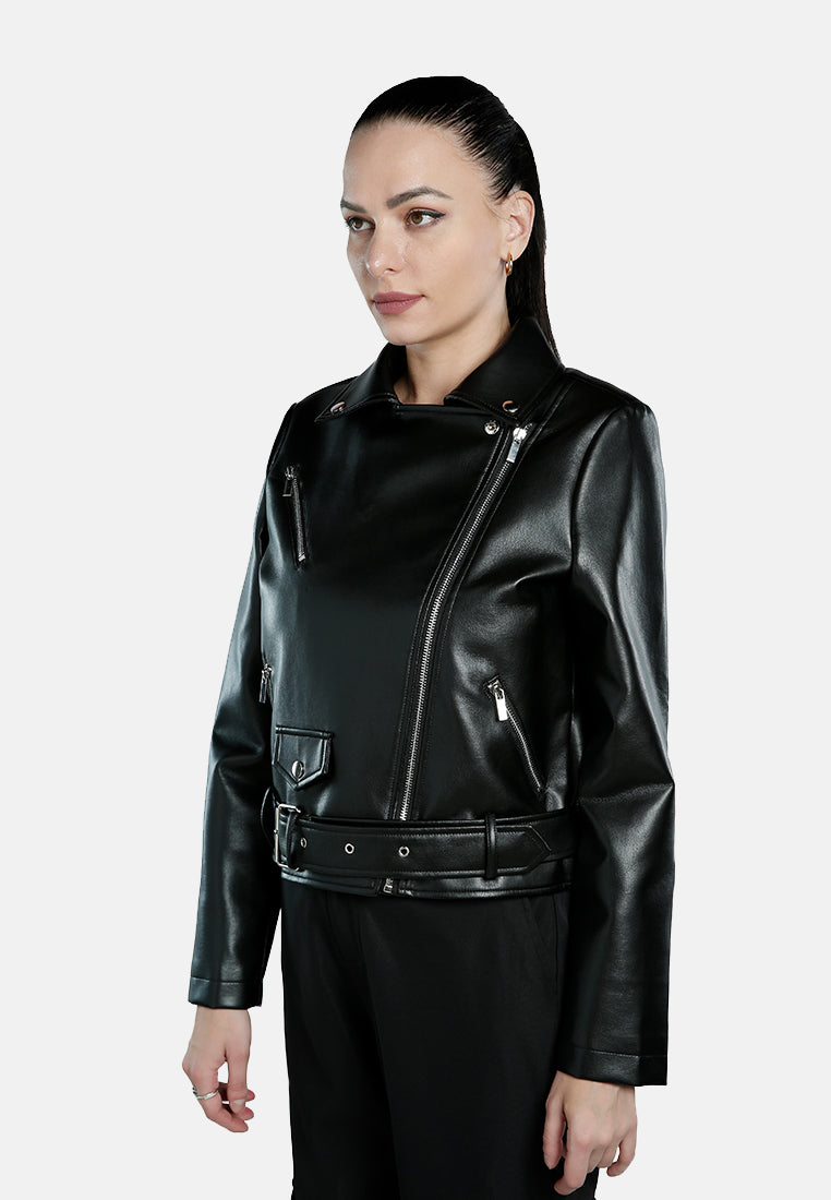 Women Belted PU Biker Jacket