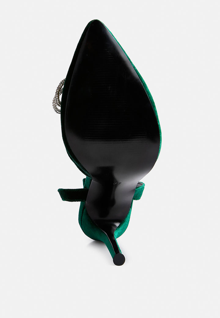 women big treat high heeled jewel velvet mules#color_green
