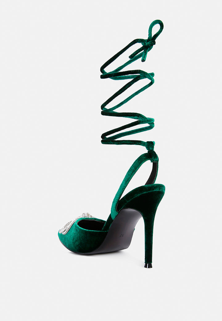 women big treat high heeled jewel velvet mules#color_green