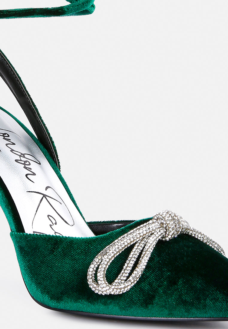 women big treat high heeled jewel velvet mules#color_green