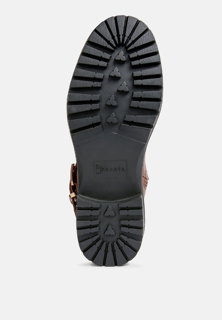 women metal chain detail biker boots#color_tan