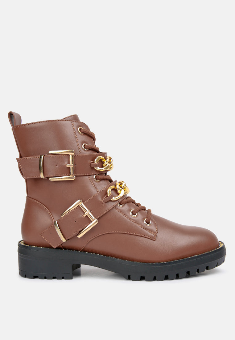 women metal chain detail biker boots#color_tan