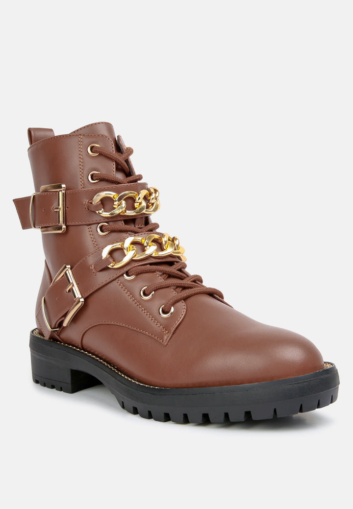women metal chain detail biker boots#color_tan