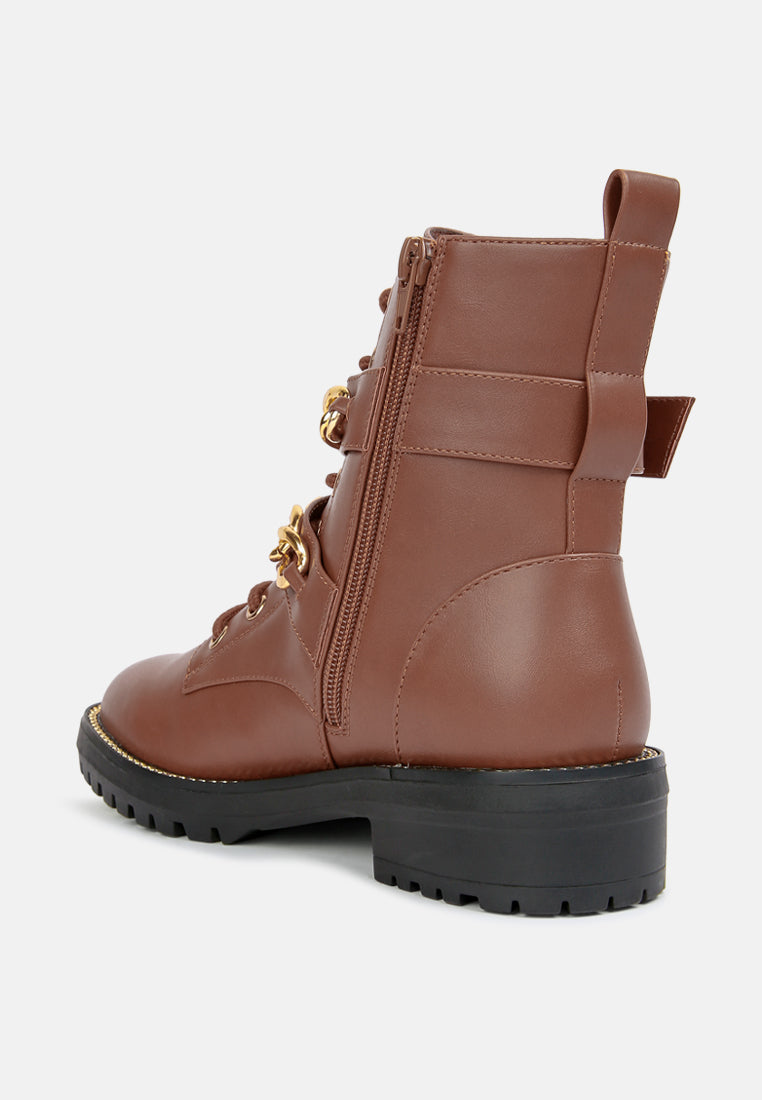 women metal chain detail biker boots#color_tan