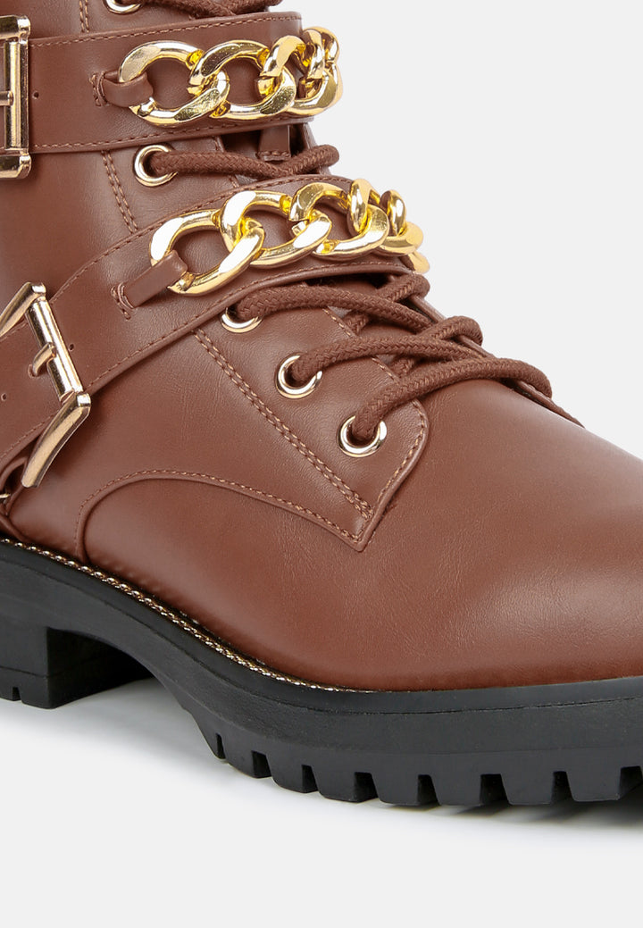 women metal chain detail biker boots#color_tan