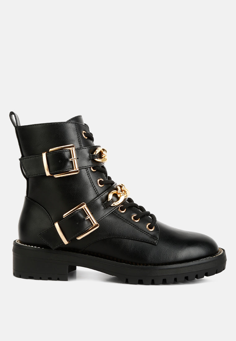 women metal chain detail biker boots#color_black