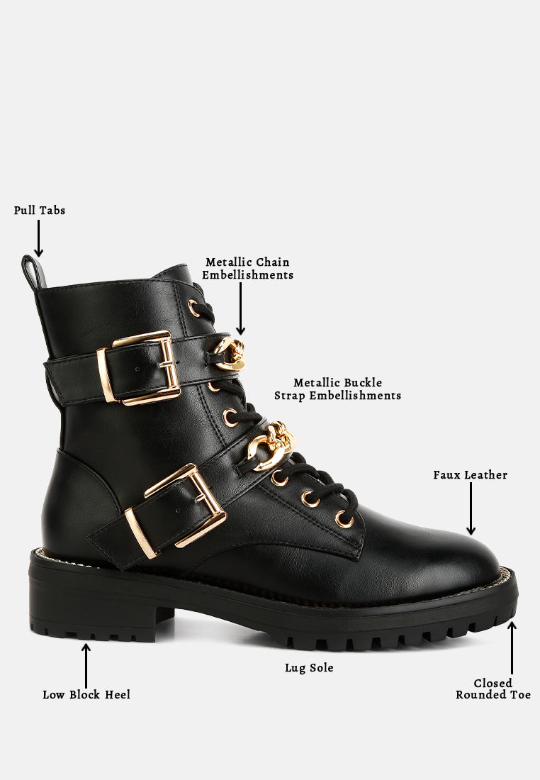 women metal chain detail biker boots#color_black