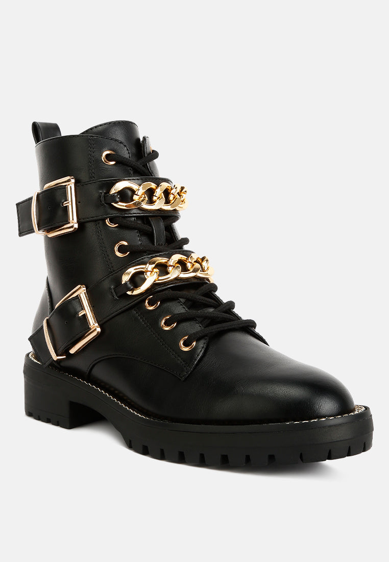 women metal chain detail biker boots#color_black
