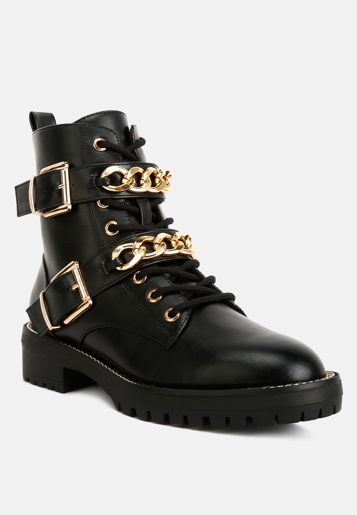 women metal chain detail biker boots#color_black