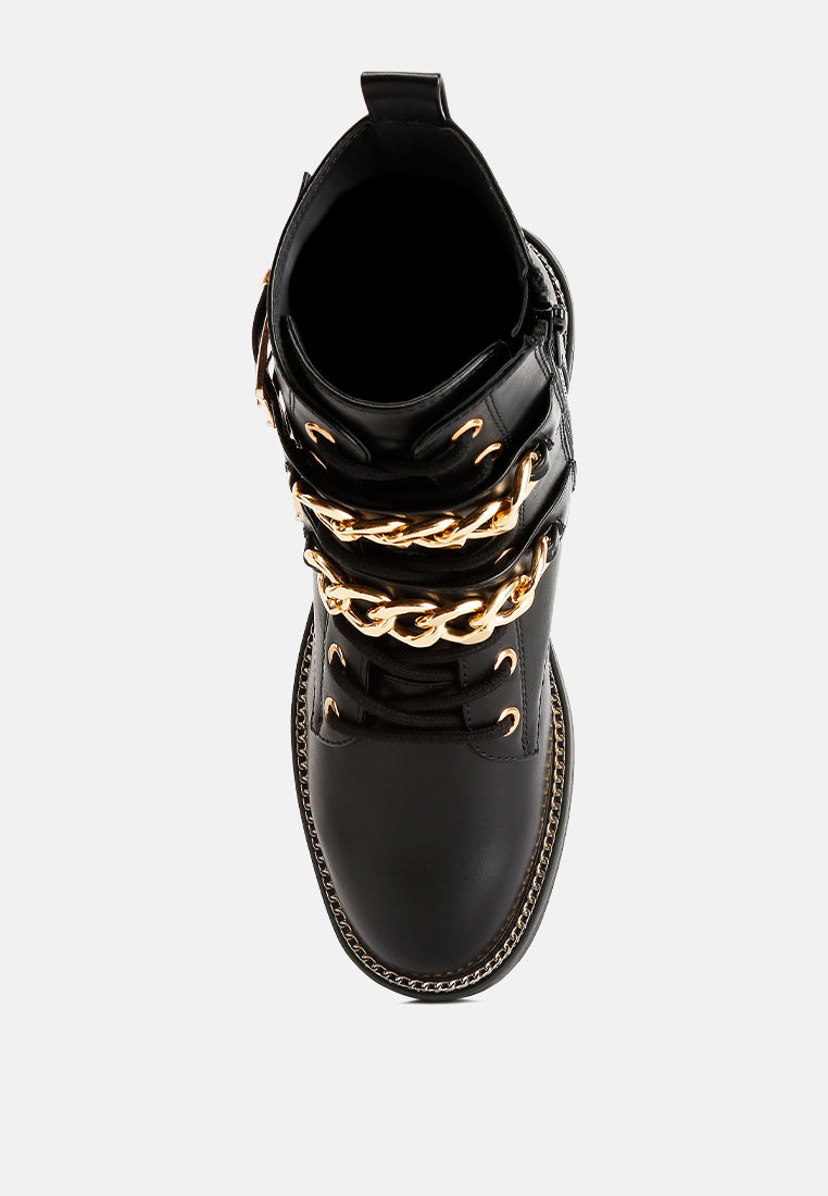 women metal chain detail biker boots#color_black
