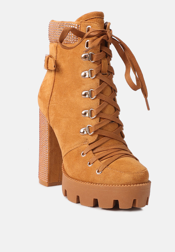 diamante set block heeled ankle boot#color_tan