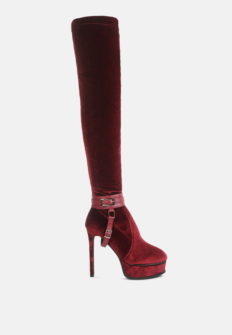 women high platform heeled long boots#color_burgundy