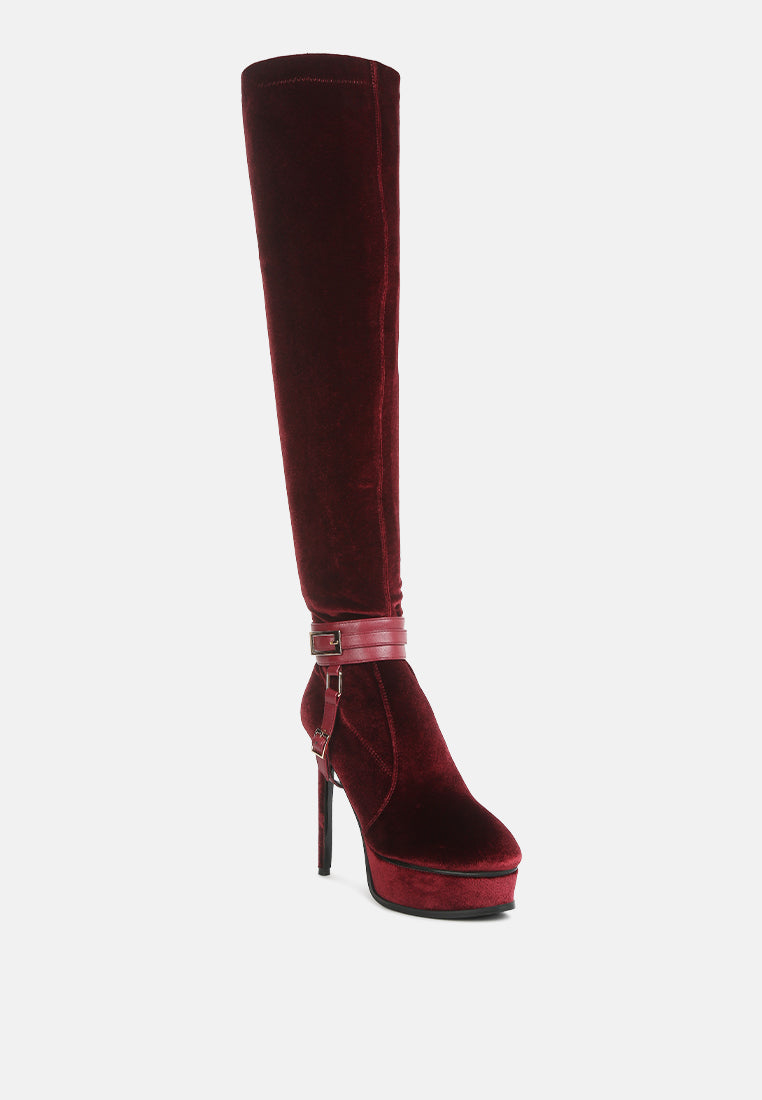 women high platform heeled long boots#color_burgundy