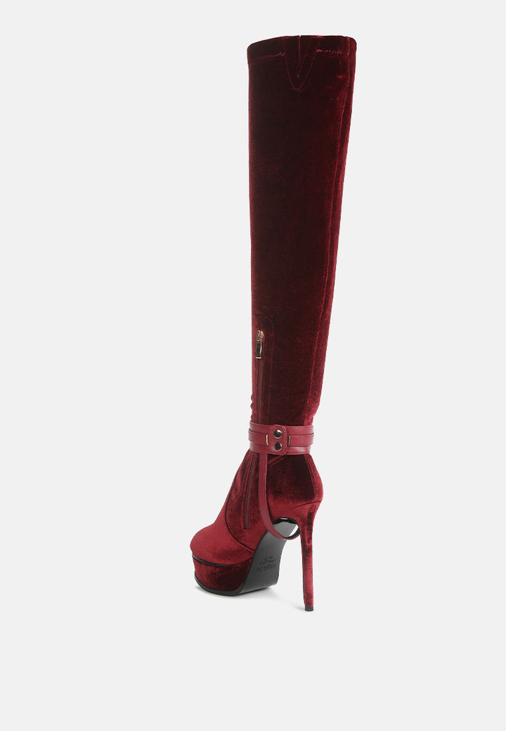 women high platform heeled long boots#color_burgundy