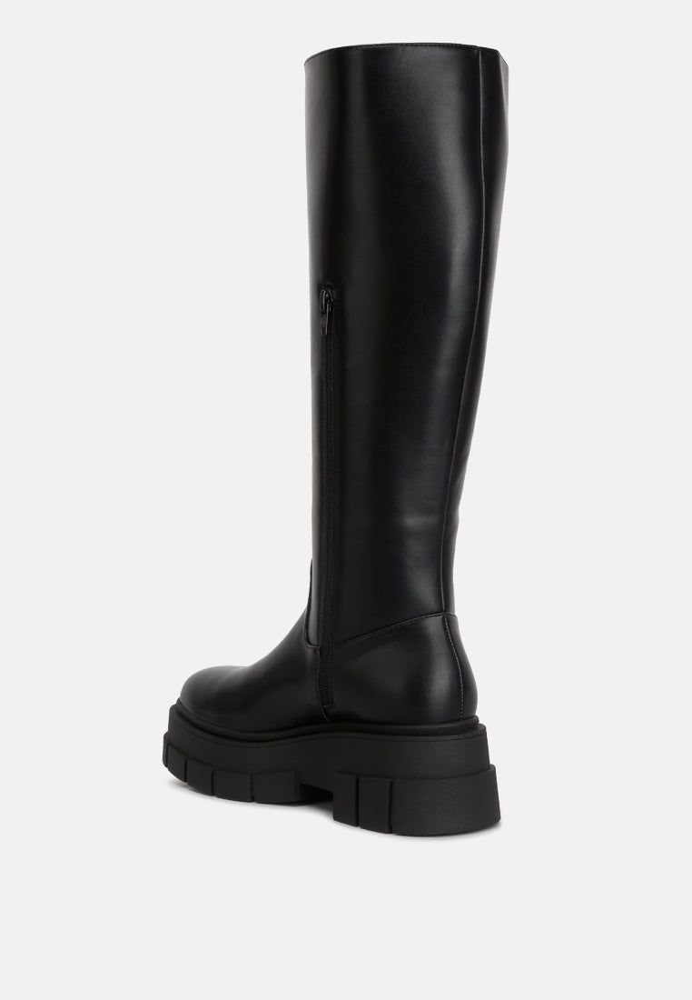 women chunky platform knee length boots#color_black