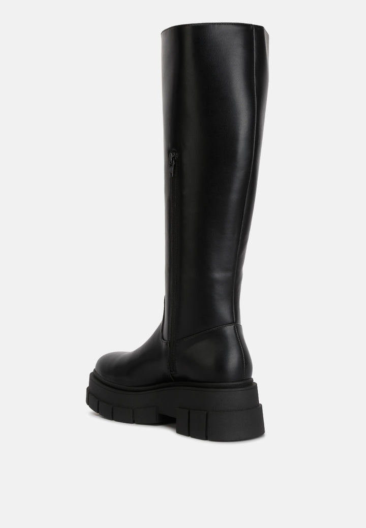 women chunky platform knee length boots#color_black