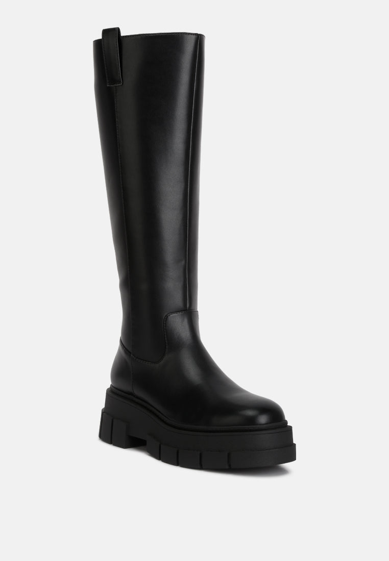 women chunky platform knee length boots#color_black