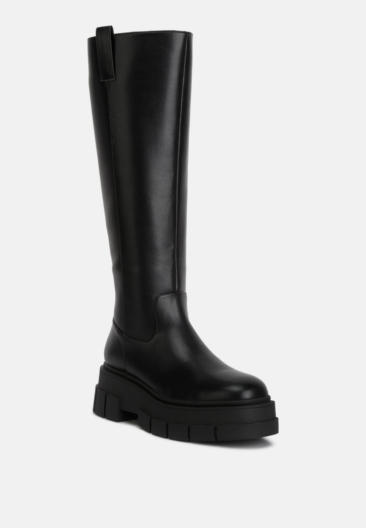 women chunky platform knee length boots#color_black