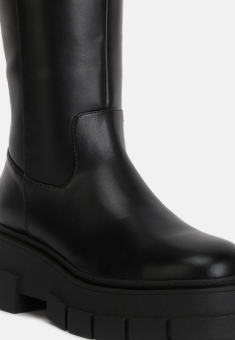 women chunky platform knee length boots#color_black
