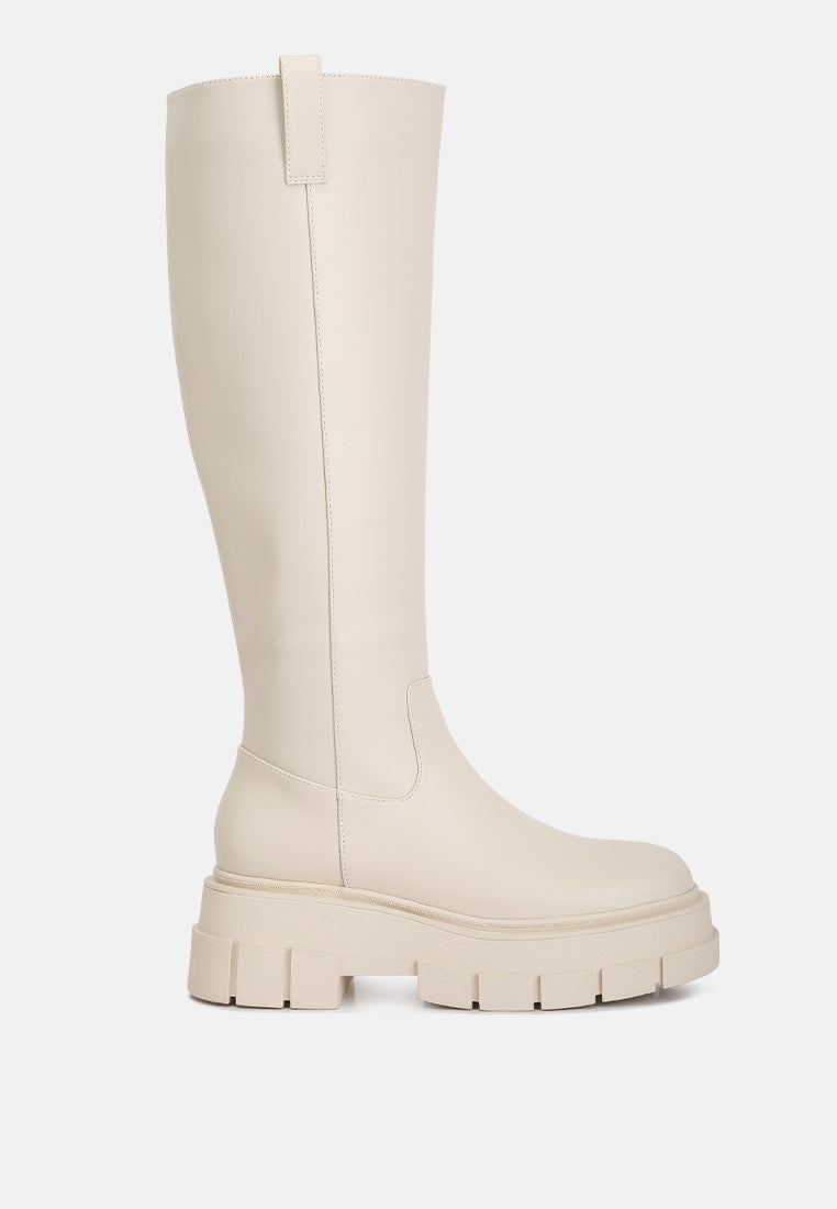 women chunky platform knee length boots#color_beige