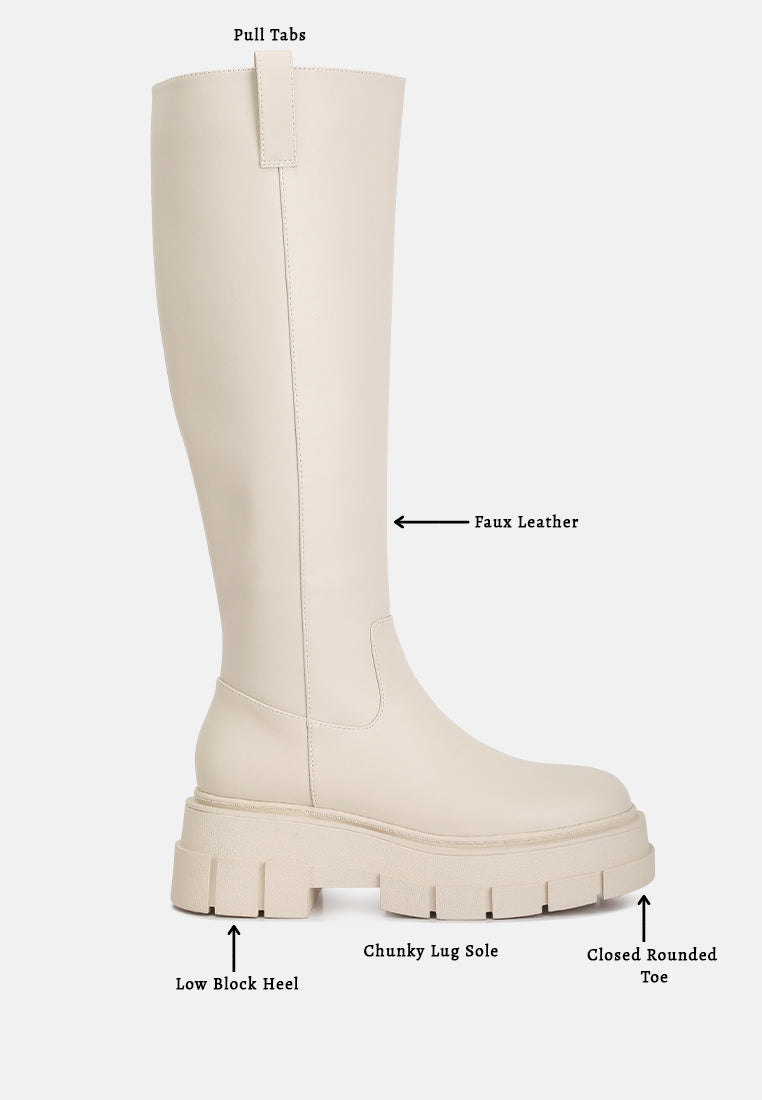 women chunky platform knee length boots#color_beige
