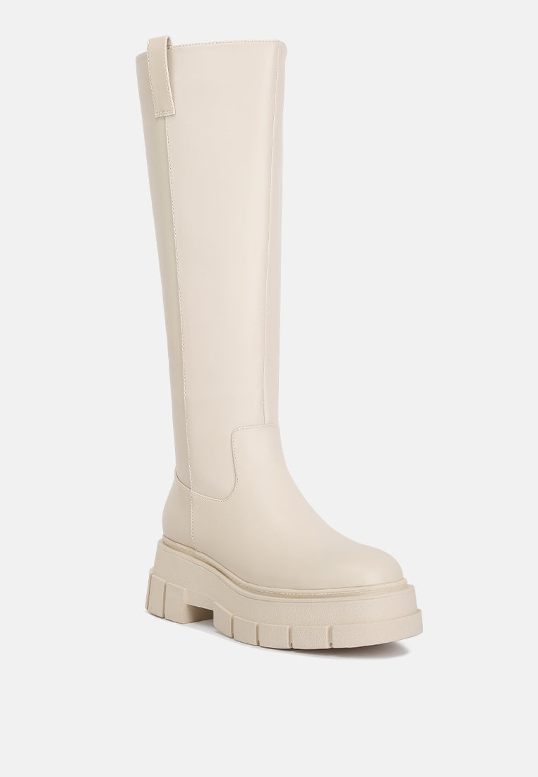 women chunky platform knee length boots#color_beige