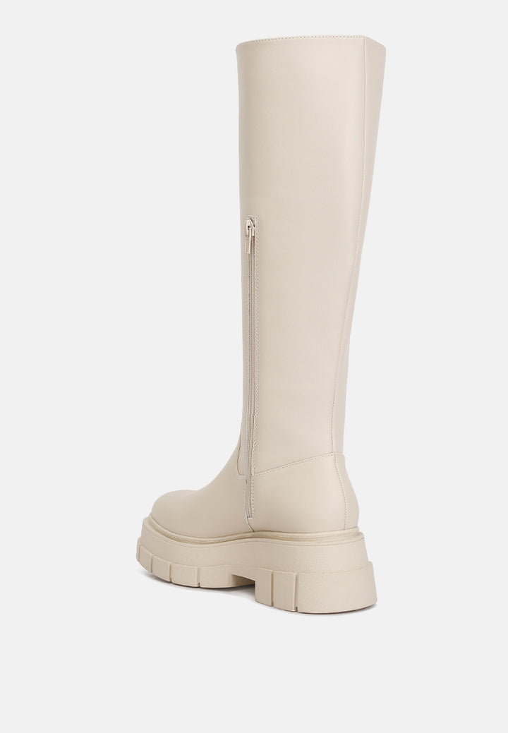 women chunky platform knee length boots#color_beige