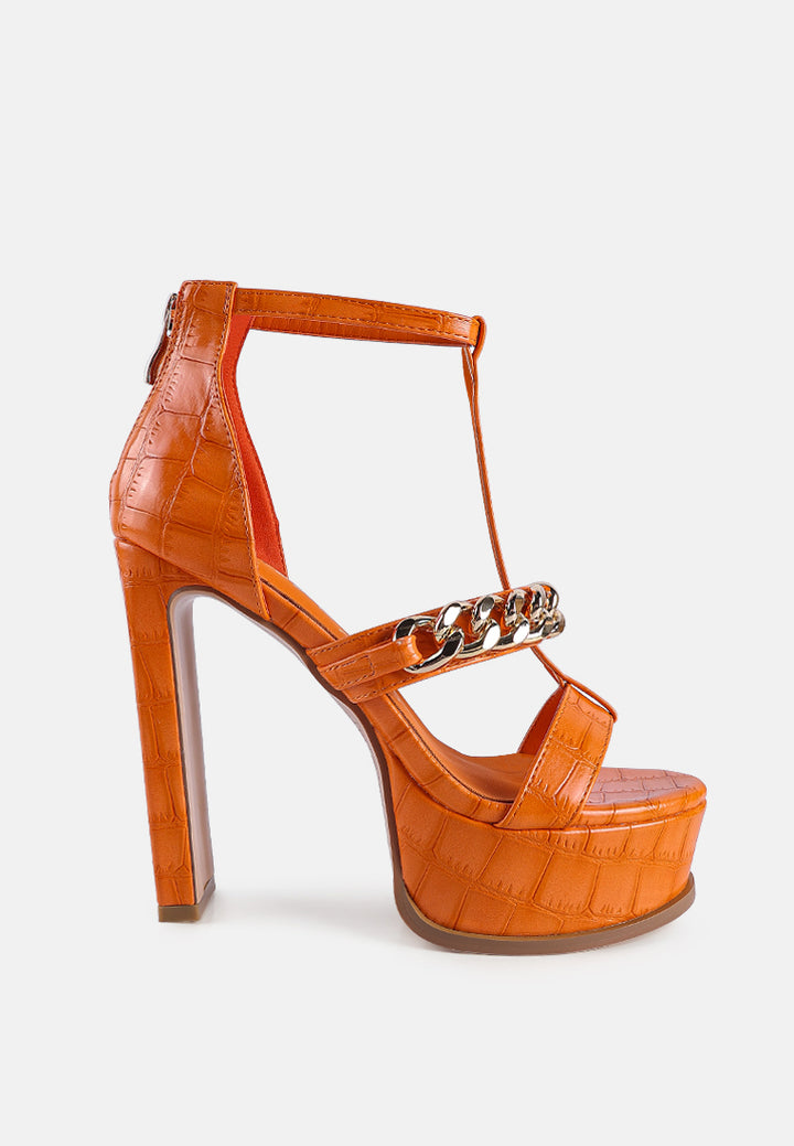 women metal chain zip up sandal#color_orange