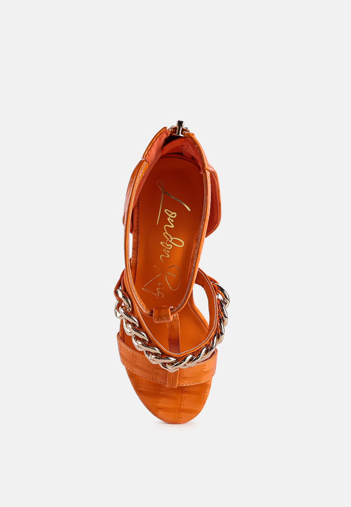 women metal chain zip up sandal#color_orange