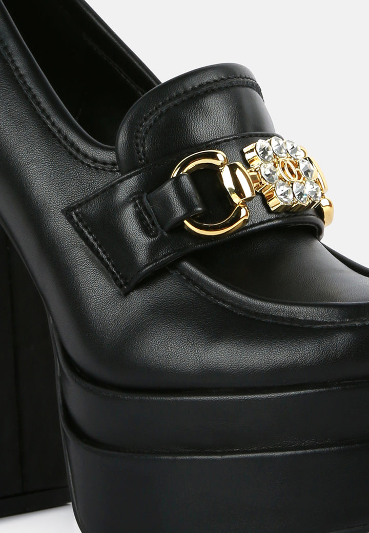 women embellished high platform loafers#color_black