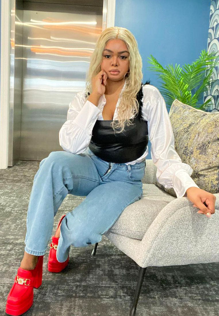 women embellished high platform loafers#color_red