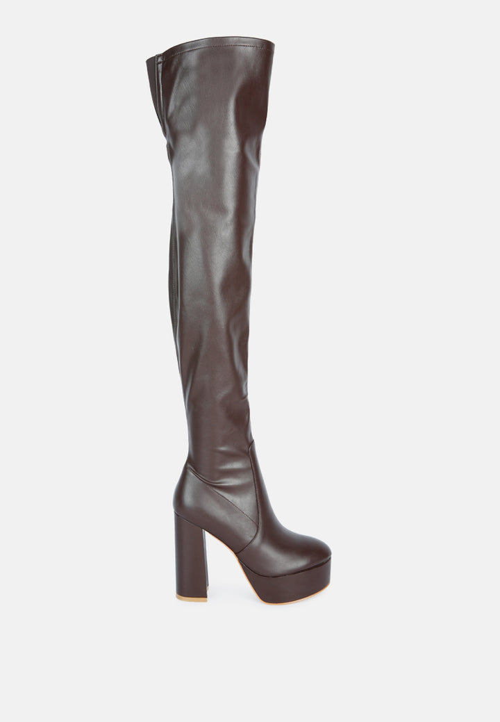 women bubble high block heeled over the knee boots#color_brown