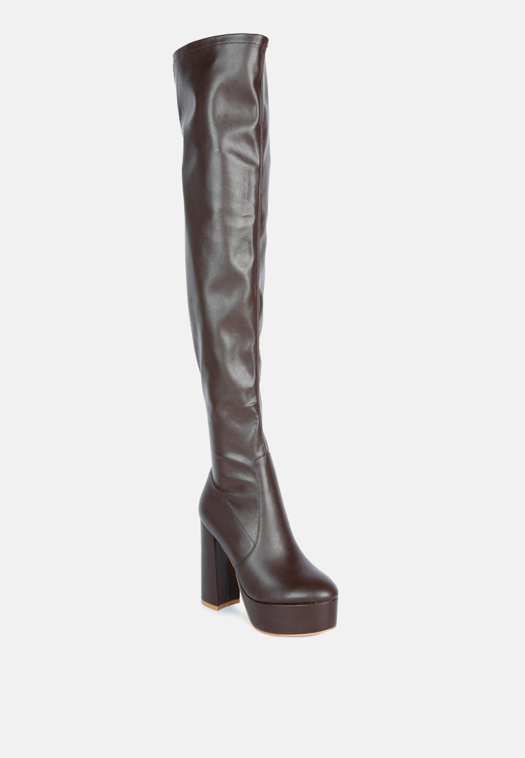 women bubble high block heeled over the knee boots#color_brown