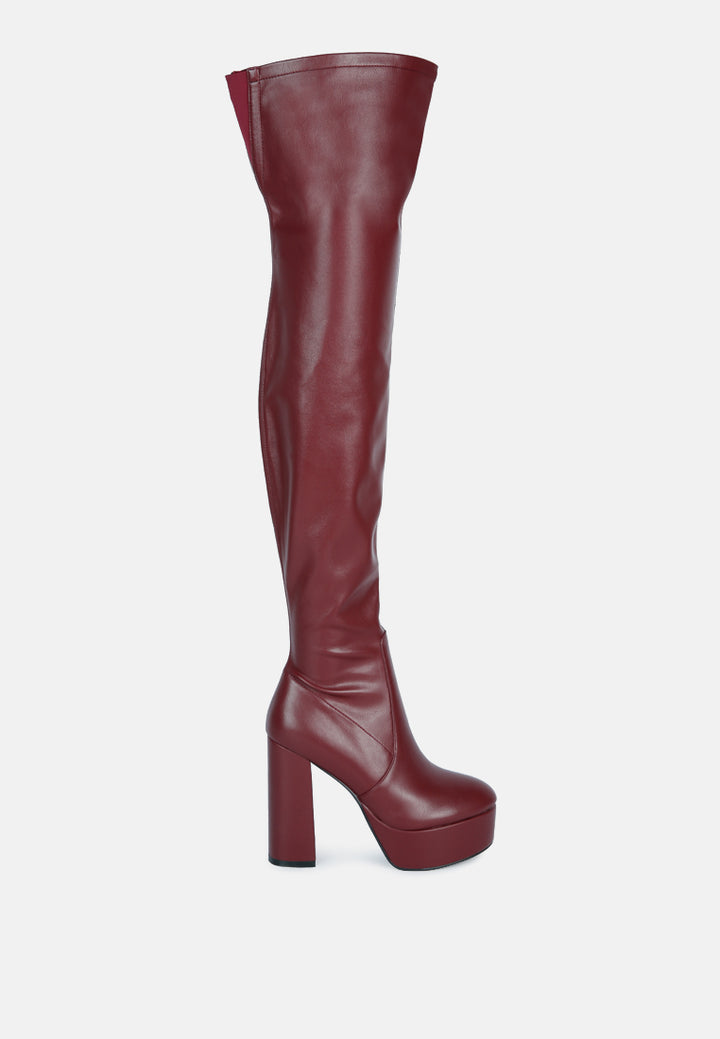 women bubble high block heeled over the knee boots#color_burgundy