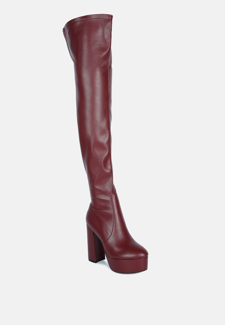 women bubble high block heeled over the knee boots#color_burgundy